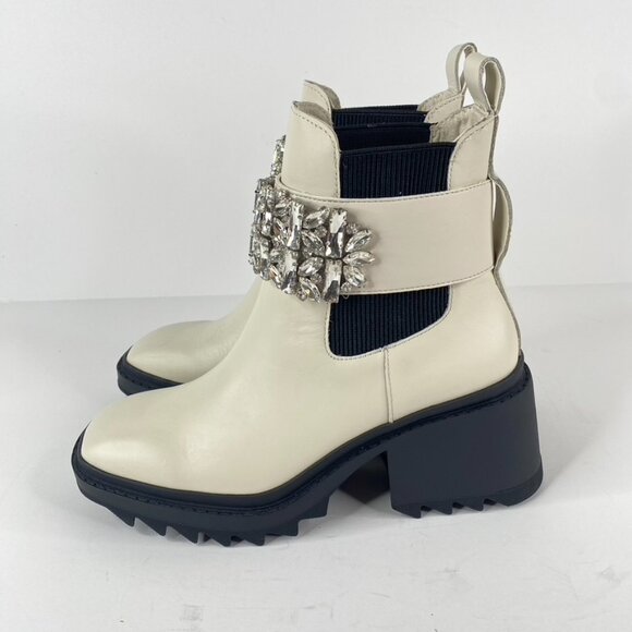 Karl Lagerfeld Paris Ivory Chunky Heel Embellished Platform Combat Boot Size 7.5 - Picture 4 of 11